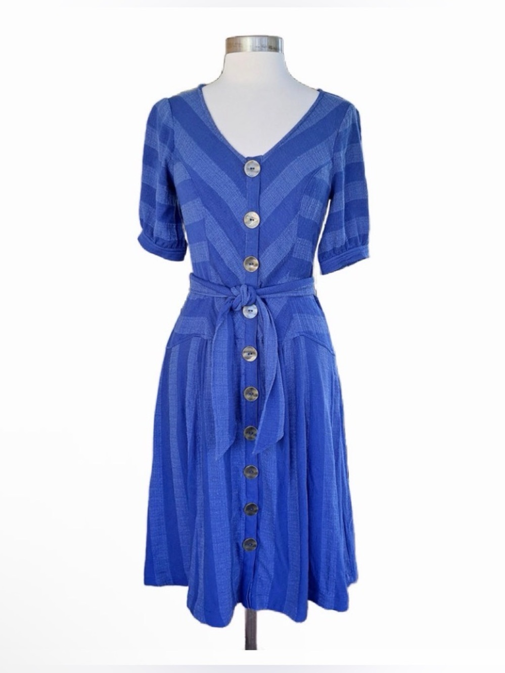 Anthropologie Blue Striped Button Front Tie Waist Midi Dress 6